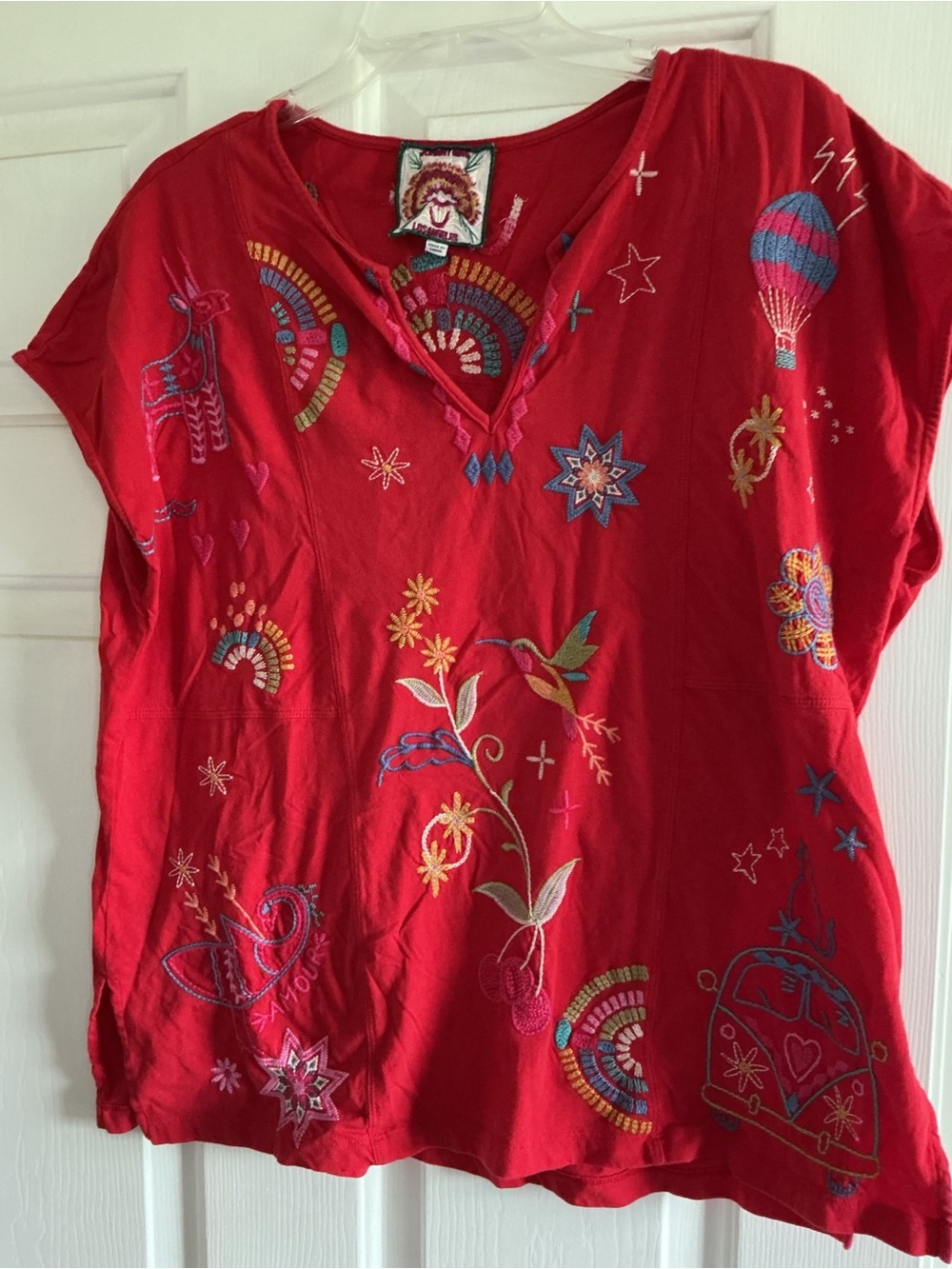 Johnny Was Red Embroidered V‑Neck Short Sleeve Top